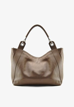 Sac à main en cuir marron avec des poignées arrondies attachées par des anneaux argentés, présentant une forme rectangulaire légèrement affaissée et une texture lisse.