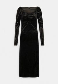 Vestido de veludo preto com mangas longas, decote quadrado e detalhe franzido no busto, com sutis acentos brilhantes por todo o vestido.