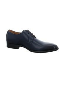 Chaussure habillée en cuir bleu marine avec une finition lisse, bout arrondi et lacets marron. Dispose d'un petit talon noir et de détails de couture minimalistes.