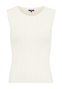 Haut sans manches blanc en tissu côtelé, doté d'un col rond et de lignes verticales subtiles, conçu pour une silhouette ajustée.