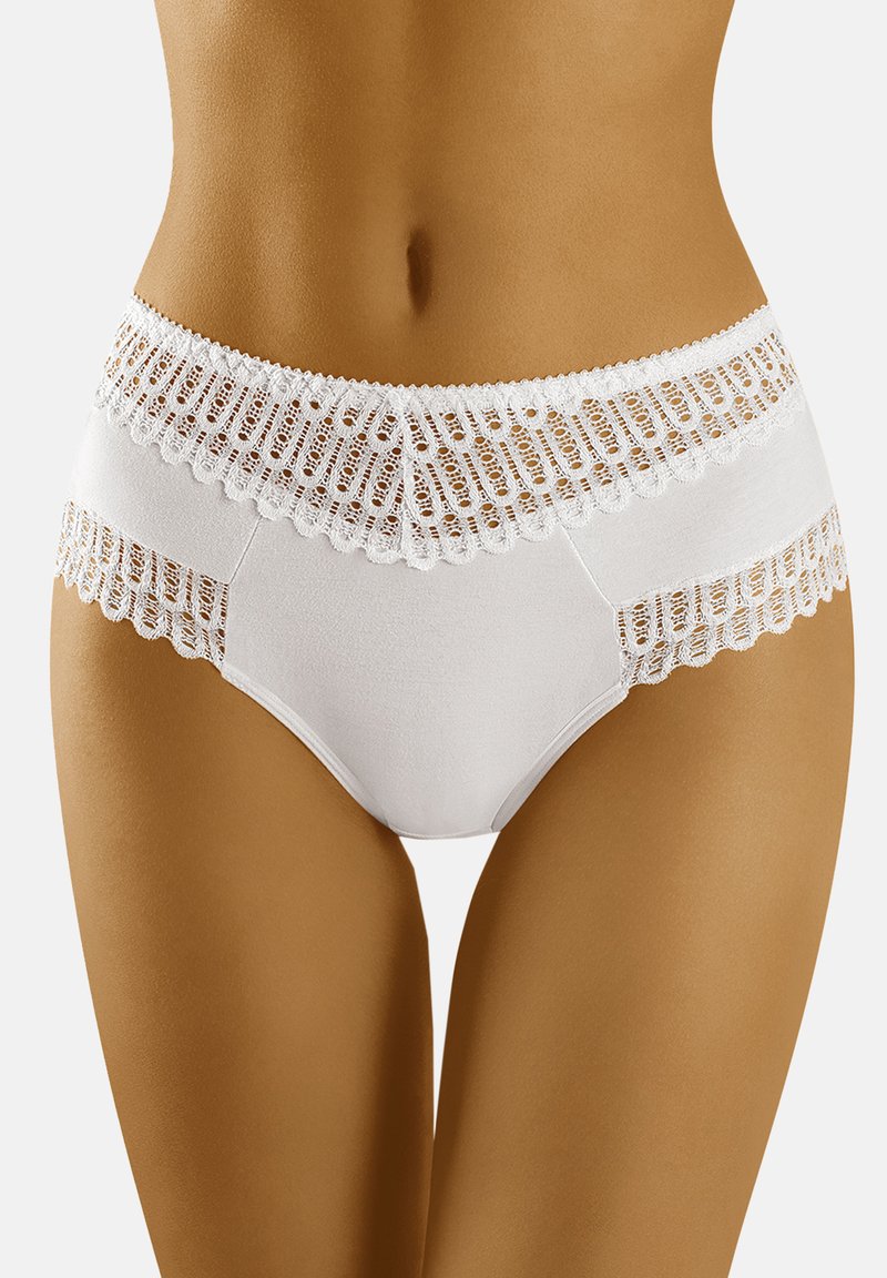 Witte hoog-waist onderbroek met een kanten tailleband, gladde stof en een volledige dekking. Zachte textuur met verfijnde accenten.