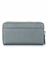 Gray leather zippered wallet with a textured surface and a side zipper pull tab.