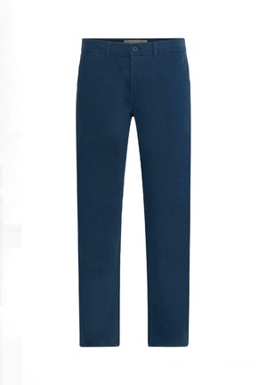 Chinos blu navy in cotone con una texture liscia, dotati di chiusura con bottone e tasche standard. Design a vestibilità dritta sartoriale.