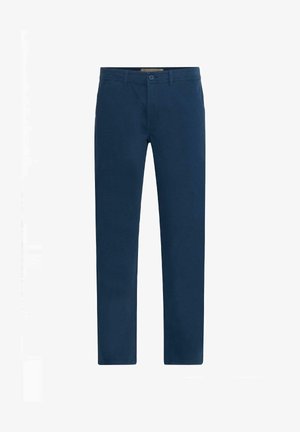 Granatowe chinosy wykonane z bawełny o gładkiej fakturze, z zapięciem na guzik i standardowymi kieszeniami. Klasyczny krój prosty.