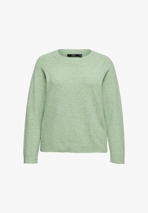 Lichtgroene gebreide trui met ronde hals, lange mouwen en geribbelde boorden en zoom, afgebeeld tegen een witte achtergrond.