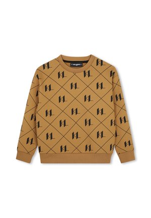 Sweat-shirt marron à manches longues avec motif répétitif du logo KL noir en quadrillage losange, bords-côtes aux poignets, au col et à l'ourlet.