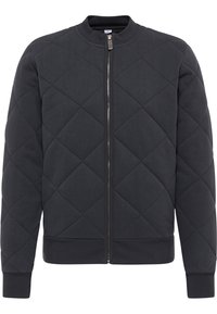 Lappad mörkgrå sweatshirt med rund hals, dragkedja fram, ribbad mudd och nederkant. Texturerat diamantmönster över hela plagget.