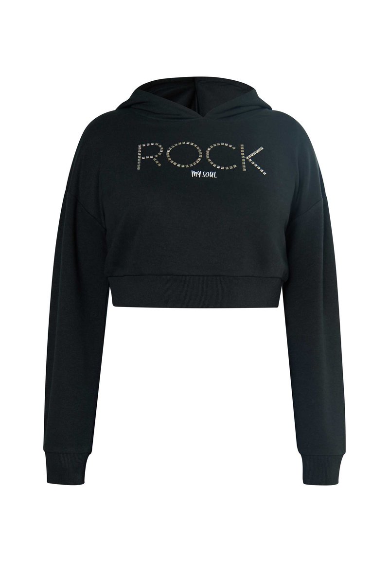 Fekete, rövidített kapucnis pulóver puha anyagból, kapucnival, hosszú ujjú és fémes szegecsekkel díszített "ROCK my soul" felirattal.