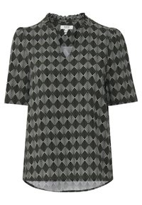 Blusa nera con maniche corte e un motivo a diamante testurizzato in grigio chiaro e bianco. Presenta un colletto arricciato e una vestibilità comoda.
