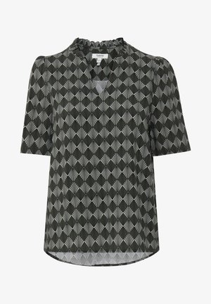 Mustardatüübi lühikeste varrukatega must pluus, millel on heleda halli ja valgega tekstuuriline diamond muster. Sisaldab volangiga kaelust ja lõdva istuvuse.