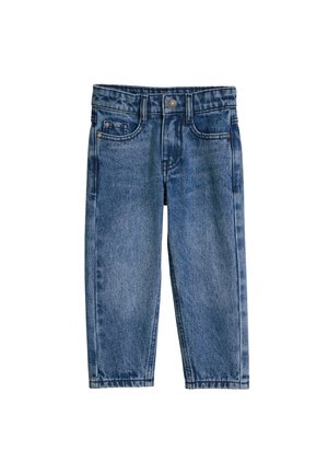 Blauwe denim peuterbroek met knoop aan de voorkant, riemlussen en vijf zakken, afgebeeld tegen een witte achtergrond.