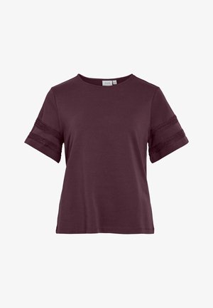 Maroon short-sleeve t-shirt made of soft fabric, featuring decorative lace accents on the sleeves and a round neckline.
