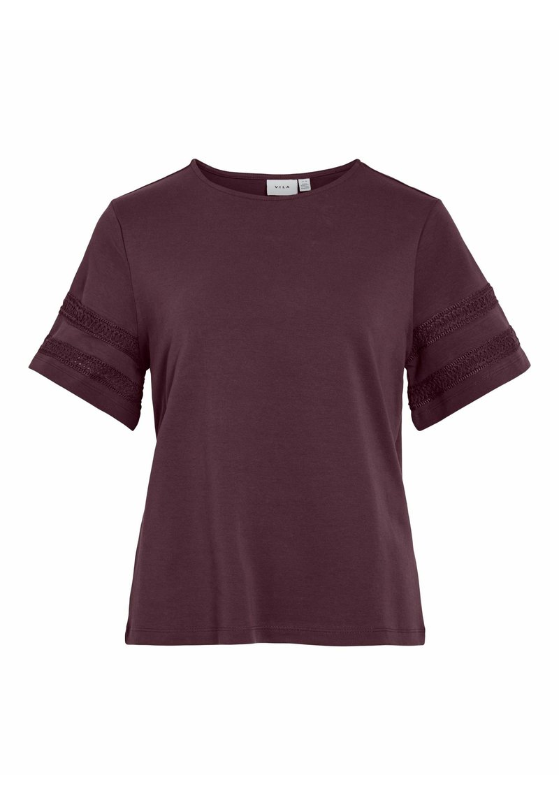 Maroon short-sleeve t-shirt made of soft fabric, featuring decorative lace accents on the sleeves and a round neckline.