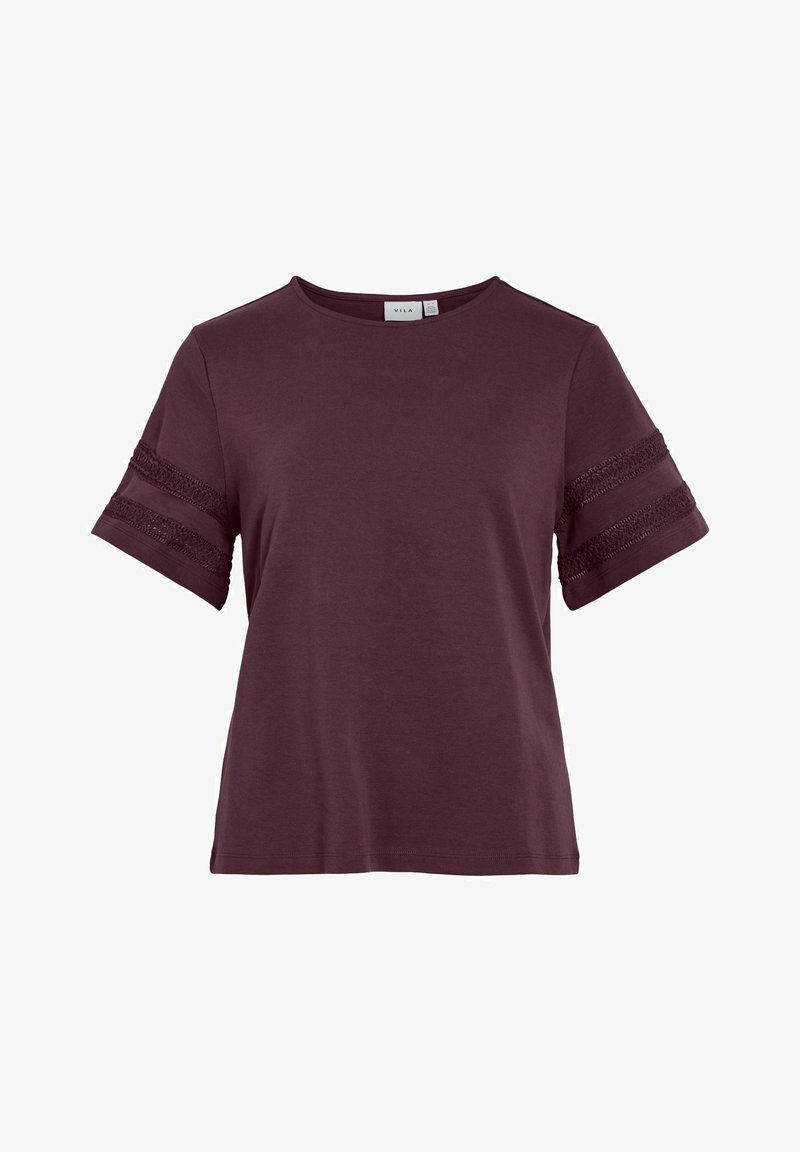 Maroon short-sleeve t-shirt made of soft fabric, featuring decorative lace accents on the sleeves and a round neckline.