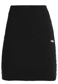 Černá bavlněná sukně s přiléhavým střihem. Obsahuje logo v červené a bílé barvě na boku, hladkou texturu a délku po kolena.