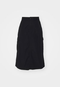 Black midi skirt featuring an elastic waistband, front button closure, and two side cargo pockets. Smooth fabric with a straight cut.
