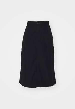 Black midi skirt featuring an elastic waistband, front button closure, and two side cargo pockets. Smooth fabric with a straight cut.