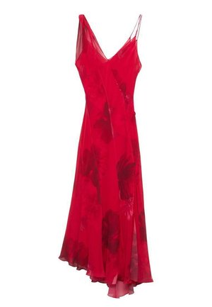 Rotes Chiffonkleid mit fließendem Design, V-Ausschnitt, dünnen Trägern und Blumenmustern, das einen leichten, eleganten Look schafft.