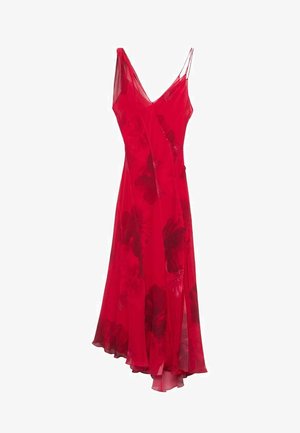 Crvena svilenka haljina s lepršavim dizajnom, koja ima V-izrez, tanke naramenice i cvjetne uzorke, stvarajući lagani, elegantni izgled.