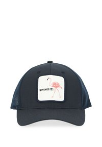 Navy baseball cap with mesh sides, featuring a square patch with a pink flamingo and text "SWING IT!" in black on a white background.
