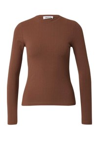 Braunes langärmliges Rippoberteil mit rundem Ausschnitt, figurnaher Passform und feiner Textur; hergestellt aus elastischem Material für zusätzlichen Komfort.