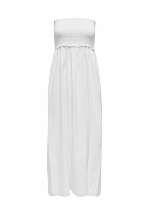 Baltās bezpiedurkņu maxi kleitas ar smockētu korseti un plūstošu svārku. Izgatavota no viegla kokvilnas auduma, kas nodrošina ērtību un gaisa caurlaidību.