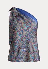 Satin shoulder top in blue with a vibrant paisley pattern in pink, green, and purple. Features a tied accent on one shoulder.