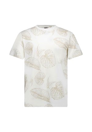 Wit T-shirt met korte mouwen, voorzien van een beige bladprint, gladde textuur, ronde hals en een losse pasvorm.