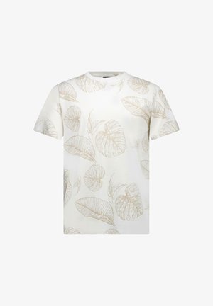 Wit T-shirt met korte mouwen, voorzien van een beige bladprint, gladde textuur, ronde hals en een losse pasvorm.