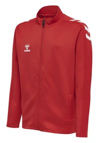 Giacca sportiva rossa con colletto alto, zipper completo e dettagli bianchi sulle spalle. Realizzata in tessuto liscio con due tasche laterali.