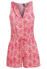 Combinaison sans manches rose et orange à motifs, avec un décolleté en V, une taille cintrée et un tissu texturé. Dotée d'un détail noué à la taille.