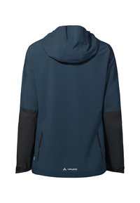 Veste d'extérieur bleu marine à capuche avec manches inférieures noires, poches arrière zippées, poignets élastiques et logo Vaude au bas du dos, au centre.