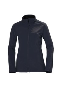 Granatowa kurtka softshell z pełnym suwakiem z przodu, wysokim kołnierzem, długimi rękawami oraz zamykanymi na zamek kieszeniami na klatce piersiowej i po bokach.