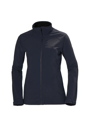 Tmavě modrá softshellová bunda s celopropínacím zipem, vysokým límcem, dlouhými rukávy a zipovými kapsami na hrudi i stranách.