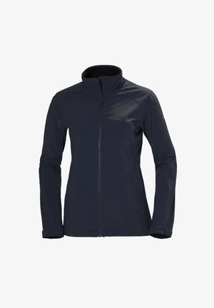 Chaqueta softshell azul marino con cremallera completa frontal, cuello alto, mangas largas y bolsillos con cremallera en el pecho y los costados.