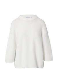 White oversized sweater with a ribbed texture and a wide round neckline. Features three-quarter sleeves and a straight hem.