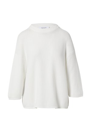 Witte oversized trui met een geribbelde textuur en een brede ronde halslijn. Heeft driekwartmouwen en een rechte zoom.