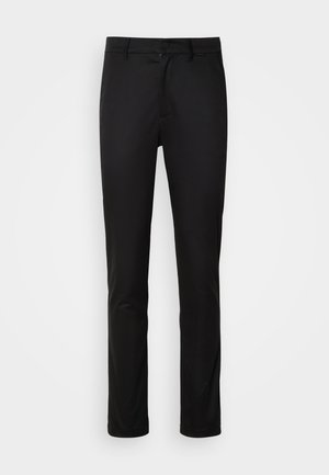 Pantaloni neri con vestibilità dritta, realizzati in un tessuto morbido. Presentano una chiusura con bottone e passanti per cintura classici. Nessun modello o dettaglio visibile.