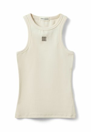 Cremefarbenes, geripptes ärmelloses Tanktop mit hohem Rundhalsausschnitt und kleinem schwarzen Logomuster in der Mitte vorne.