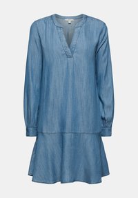 Robe en denim bleu clair à manches longues avec encolure en V, col rond, poignets froncés et ourlet évasé.