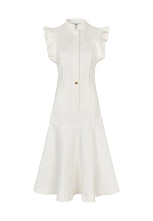 Robe en lin blanc avec une fermeture à boutons, col mandarin et manches à capuchon. Jupe évasée avec une texture lisse et des poches discrètes.