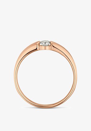 Roségoldband mit einem einzelnen oval geschliffenen Diamanten, der in einer flachen, modernen Zargenfassung sitzt.