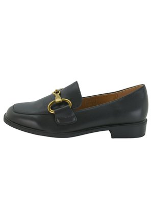 Black leather loafer with a rounded toe, low heel, and side gold-tone hardware accent. Smooth texture with a stitched border detail.