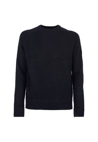 Maglione nero in maglia con maniche lunghe, scollatura rotonda e orlo a coste. Il tessuto appare liscio con una consistenza morbida. Nessun motivo o dettaglio visibile.