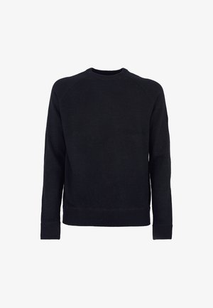 Czarny sweter z dzianiny z długimi rękawami, okrągłym dekoltem i ściągaczem u dołu. Materiał wydaje się gładki o miękkiej teksturze. Brak widocznych wzorów lub akcentów.