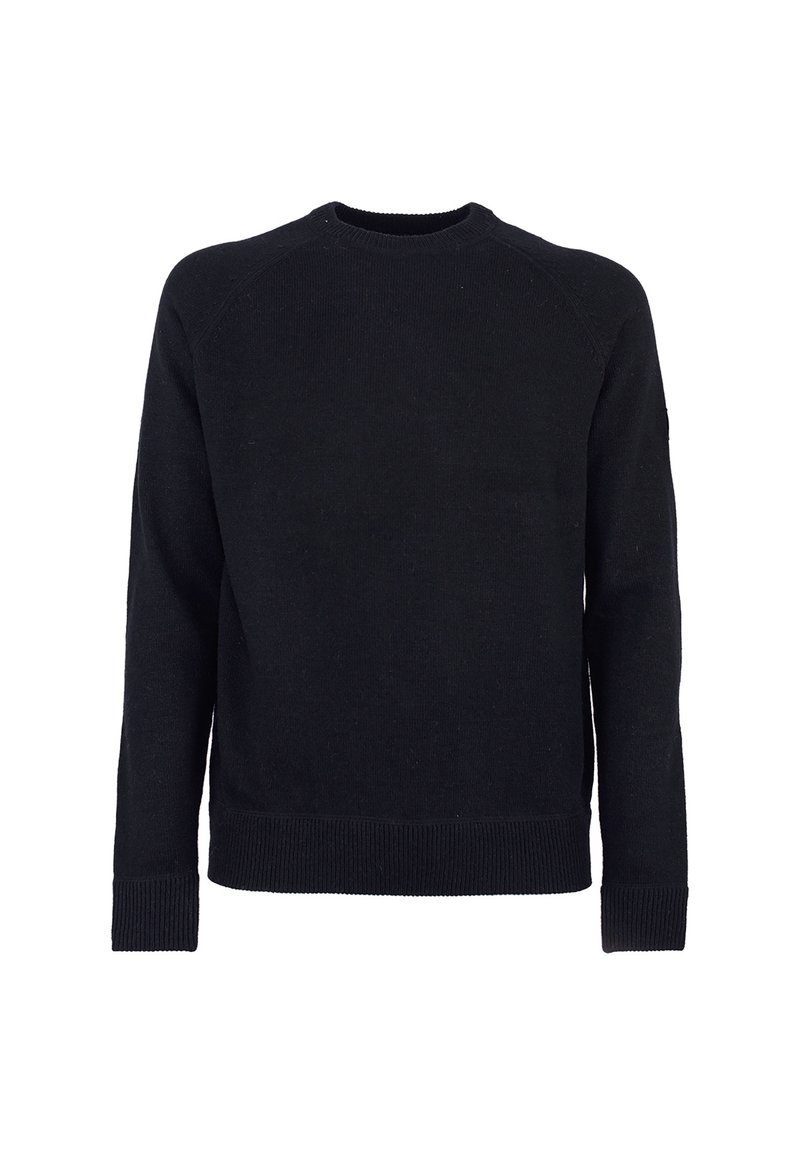 Maglione nero in maglia con maniche lunghe, scollatura rotonda e orlo a coste. Il tessuto appare liscio con una consistenza morbida. Nessun motivo o dettaglio visibile.