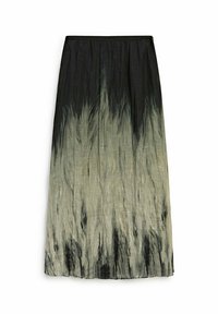 Jupe longue plissée présentant un design dégradé allant du noir au gris clair, fabriquée dans un tissu texturé avec une apparence douce et fluide.