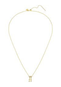 Guldfärgad halsband med en delikat kedja och en central hänge med siffran "21". Enkel design med accentpärlor på varje sida.