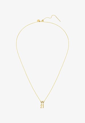 Guldfarvet halskæde med en delikat kæde og en central vedhæng med tallet "21." Enkel design med accentperler på hver side.