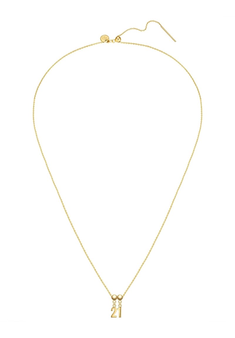 Guldfärgad halsband med en delikat kedja och en central hänge med siffran "21". Enkel design med accentpärlor på varje sida.
